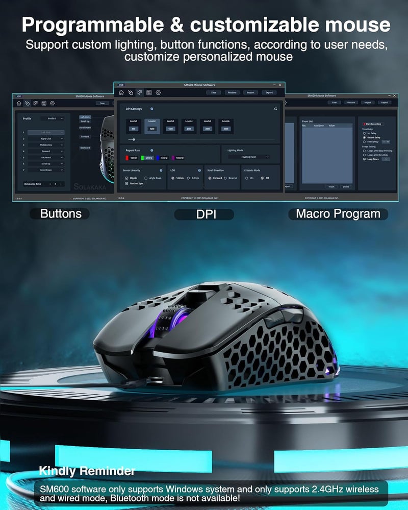 SOLAKAKA SM600 Honeycomb Shell Gaming Mouse Wireless,Tri-Modes BT5.1/2.4G Wireless/Type-C Wired Gamer Mouse with 2 Side Buttons, Macro Programmable and RGB Light for PC/Mac/Laptop,Black - Image 4